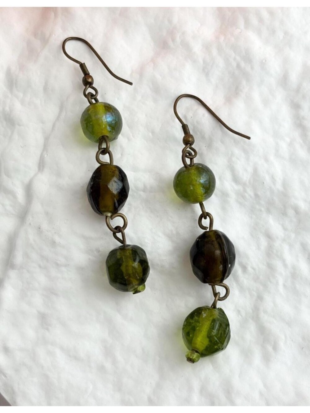 Green Beaded Dangle Ear Wire Vintage Silver Toned 80's Earrings